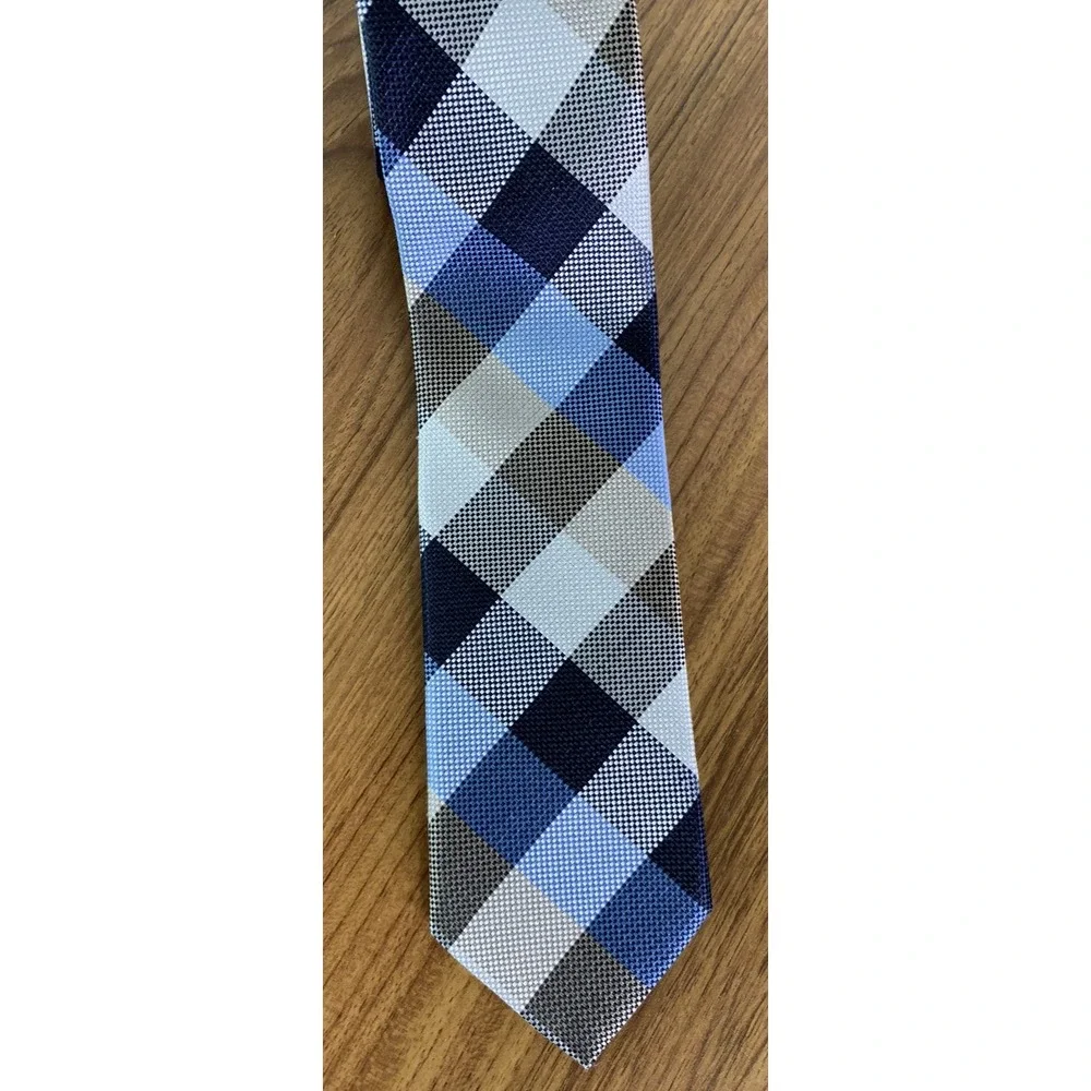John W. Nordstrom Mens Plaid Checked Silk Linen Tie Preppy Business Blue Tan
